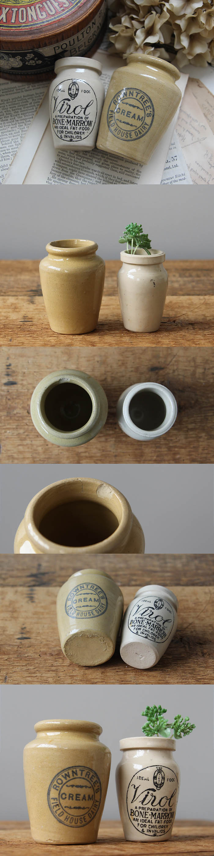 イギリス アンティーク雑貨 陶器ボトル 2本セット Virol ヴィロール 花器 店舗什器 「クリームボトル」K-021