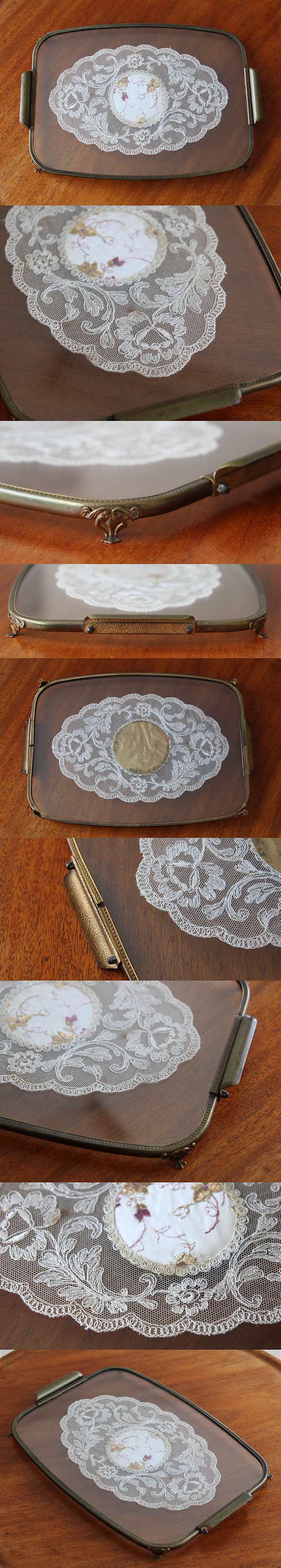 イギリス アンティーク 刺繍入り ドレッシングトレイ ガラス インテリア 化粧用品 店舗什器 K-312