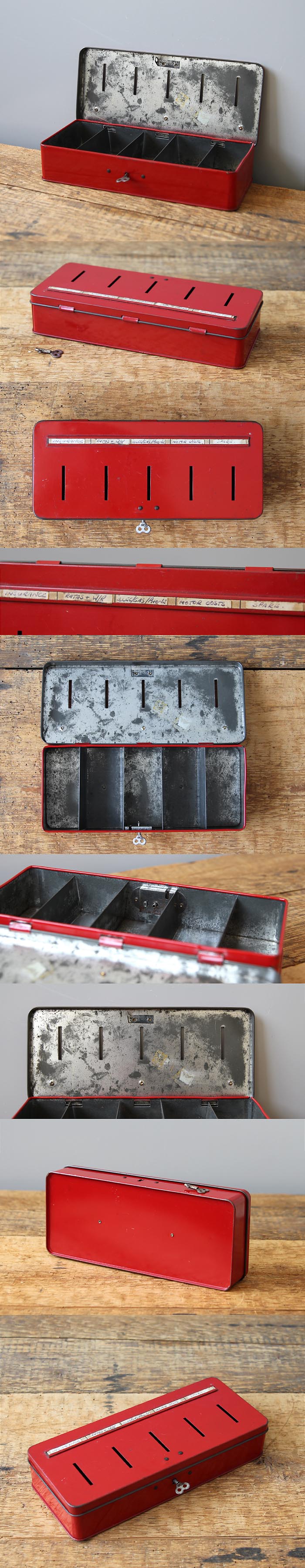 イギリス アンティーク 鍵付き スリフトボックス 貯金箱 キャッシュボックス 小物入れ 缶 K-441