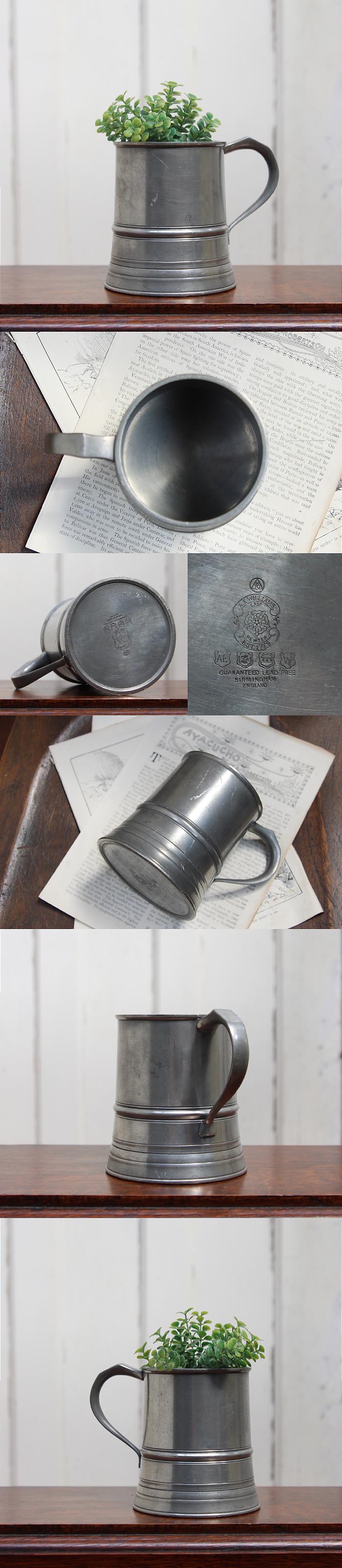 イギリス アンティーク A.E.Williams ピューターマグカップ タンカード ビアジョッキ 店舗什器 ディスプレイ 雑貨 K-783