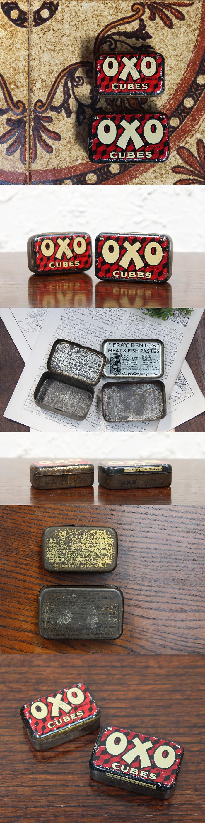 イギリス アンティーク OXO Cubes オクソ缶ペア TIN缶 インテリア 店舗什器 ディスプレイ ビンテージ 雑貨 K-784