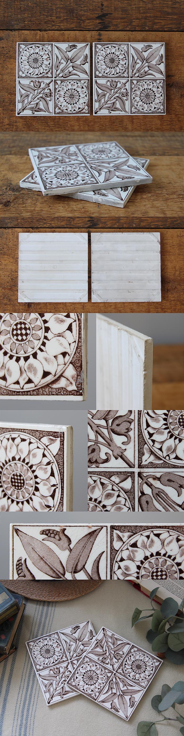 イギリス アンティーク セラミックタイルペア 花柄 2枚セット インテリア 店舗什器 ディスプレイ ビンテージ 雑貨 K-792