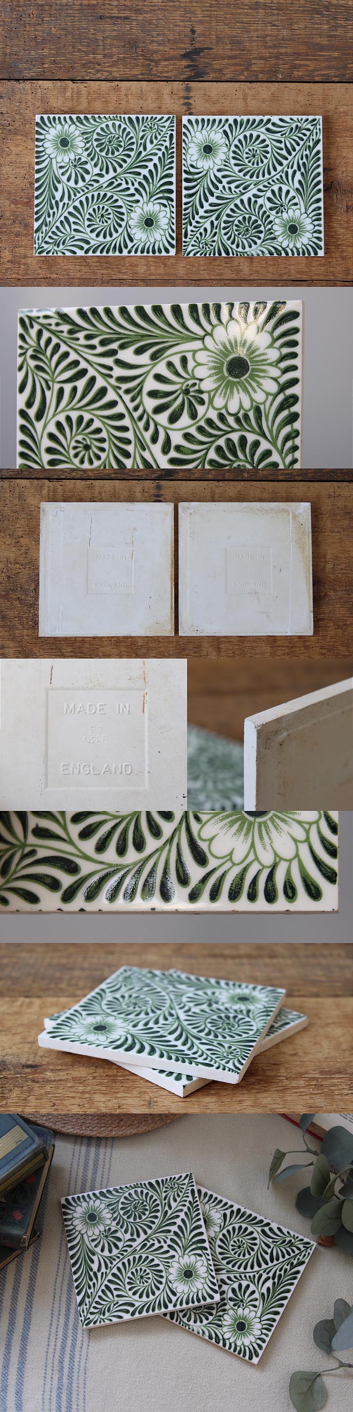 イギリス アンティーク セラミックタイルペア 花柄 2枚セット インテリア 店舗什器 ディスプレイ ビンテージ 雑貨 K-793