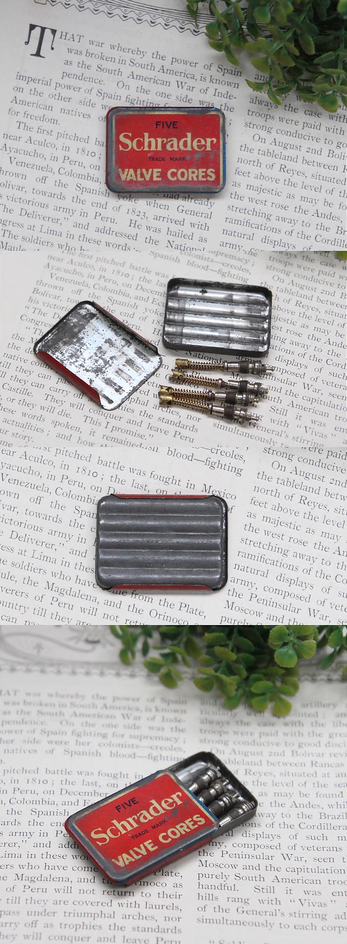 イギリス アンティーク Schrader バルブコア缶 ミニ シュレーダー 店舗什器 ディスプレイ ビンテージ 雑貨 K-804