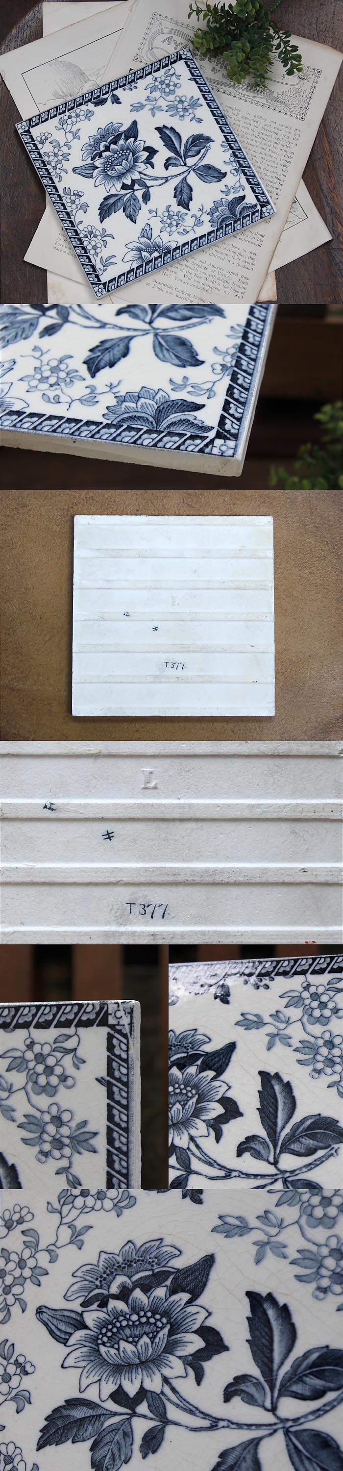 イギリス アンティーク セラミックタイル 花柄 インディゴ 陶器 インテリア 店舗什器 ディスプレイ ビンテージ 雑貨 K-812