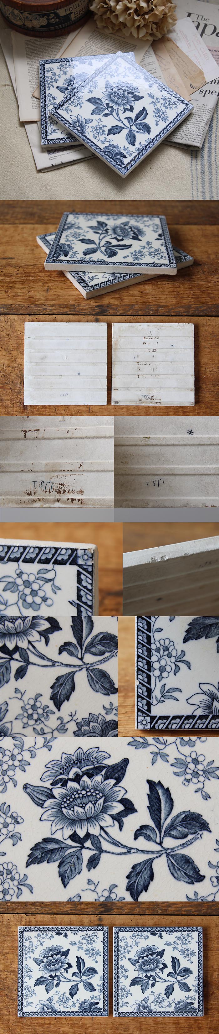 イギリス アンティーク セラミックタイルペア 花柄 K-815