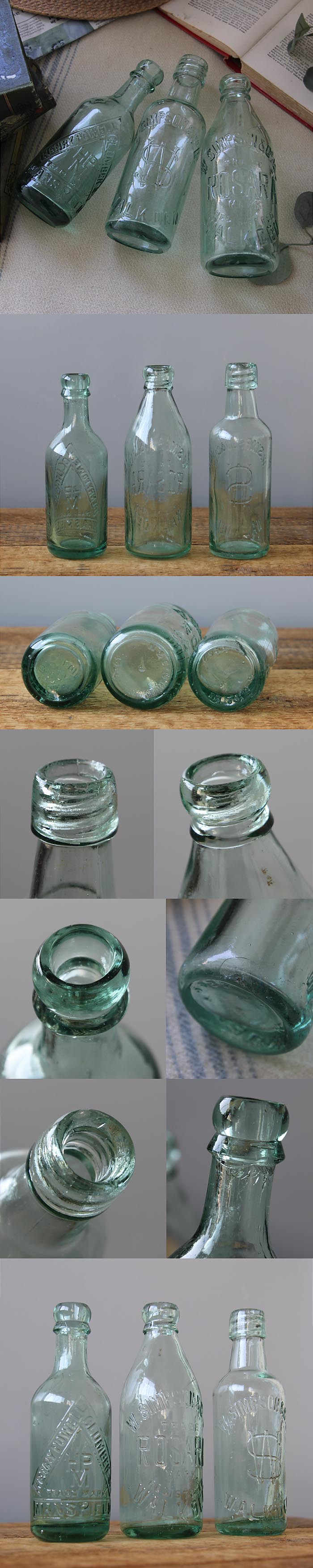 イギリス アンティーク ガラスボトル3本セット 瓶 エンボス インテリア 店舗什器 ディスプレイ ビンテージ K-941