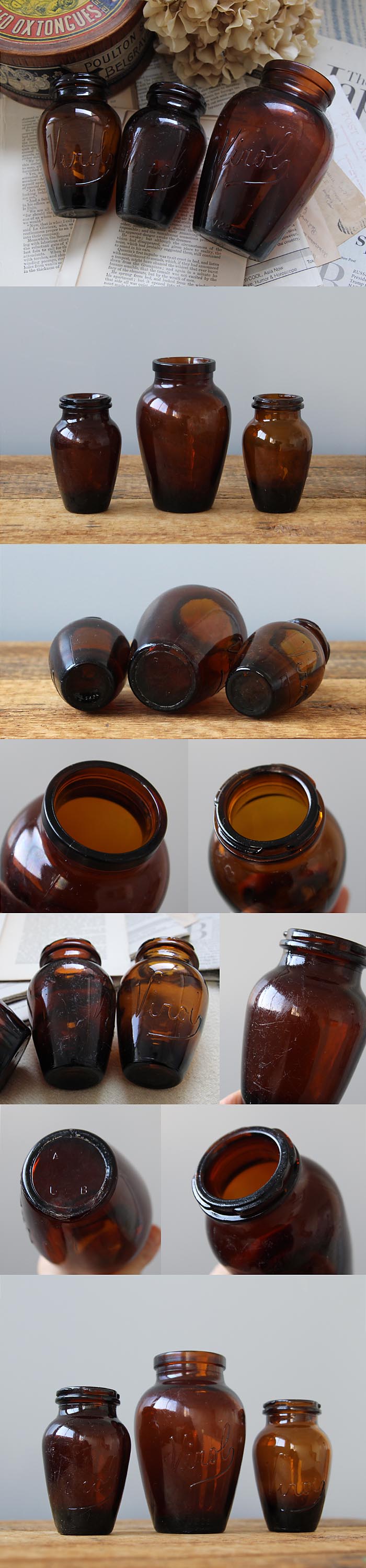 イギリス アンティーク Virol（ヴァイロール）アンバーガラスボトル3本セット インテリア 店舗什器 ディスプレイ K-942