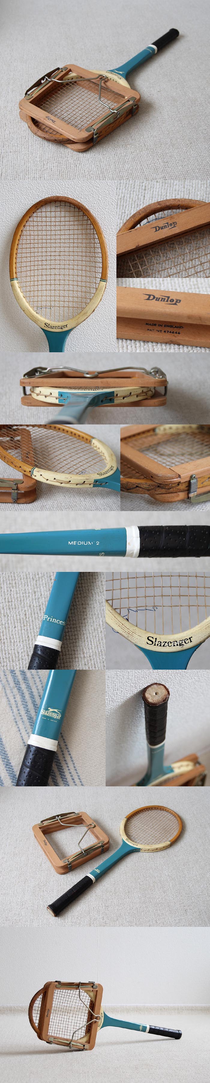 イギリス ヴィンテージ 木製テニスラケット/ラケットプレス付き/インテリア/Dunlop【雰囲気つくりのディスプレイに】M-145