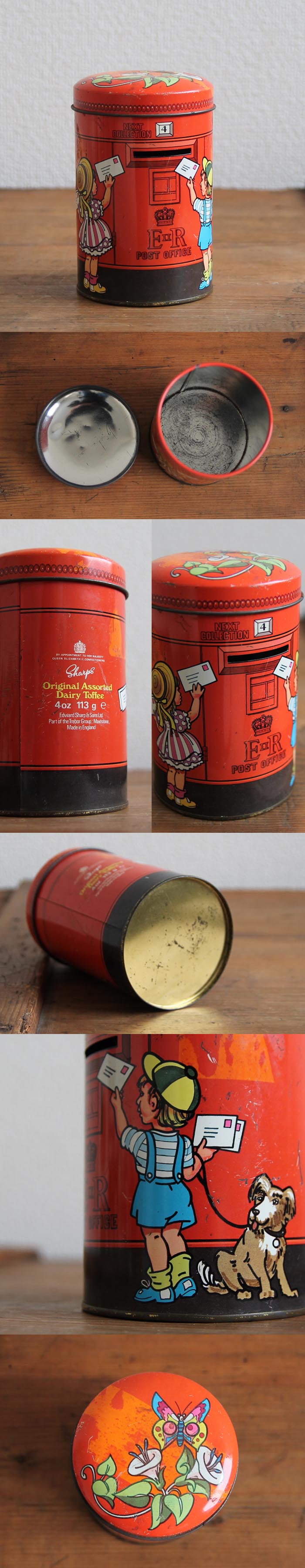 イギリス ビンテージ トフィー缶/Sharp's/ポストTIN/ティン/ブリキ/アンティーク雑貨【貯金箱になるお菓子の缶】N-614
