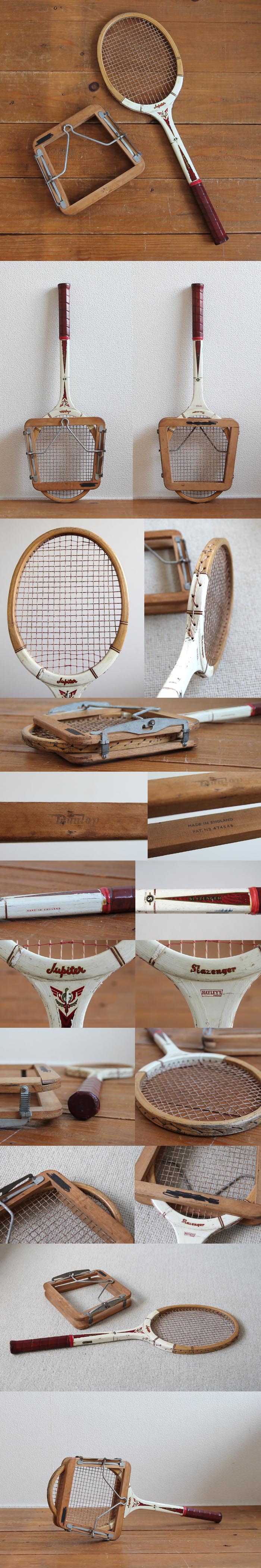 イギリス ビンテージ 木製テニスラケット/ラケットプレス付き/インテリア/Dunlop【雰囲気つくりのディスプレイに】N-704