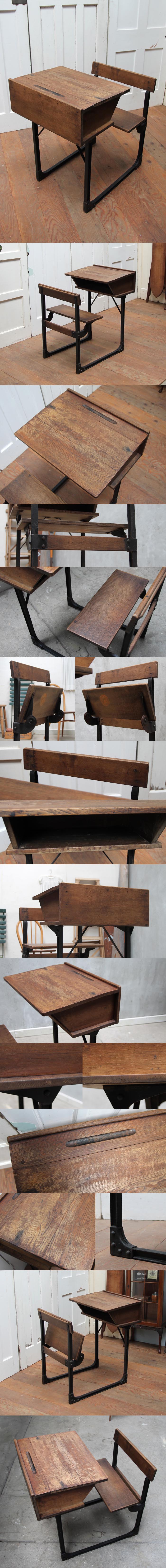 イギリス アンティーク オーク材スクールデスク＆チェア/一体型/折りたたみ椅子/机【シャビーなアイアンフレーム】N-798
