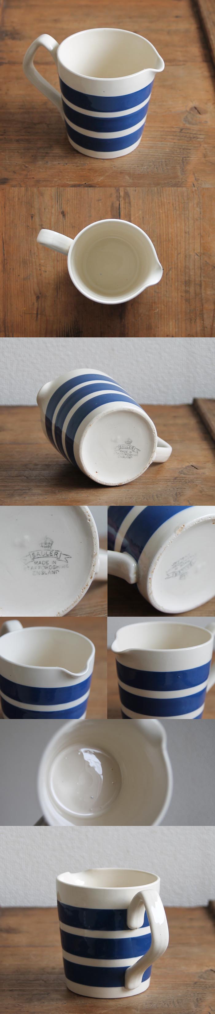 イギリス アンティーク SADLER 陶器ジャグ/コーニッシュウェア/食器/花器【定番ブルー＆ホワイトのボーダー柄】N-986