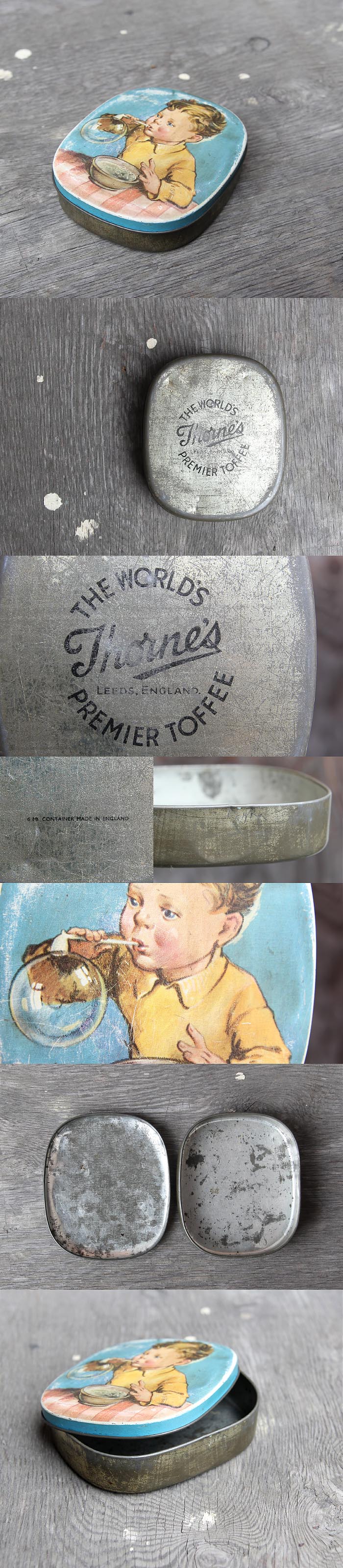 イギリス アンティーク トフィー缶 お菓子 ブリキ缶 雑貨「THORNES The Worlds Premier Toffee」P-140