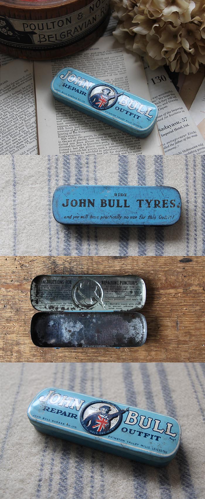 イギリス アンティーク リペア缶 自転車修理 ブリキ缶 TIN 雑貨「JOHN BULL」P-238