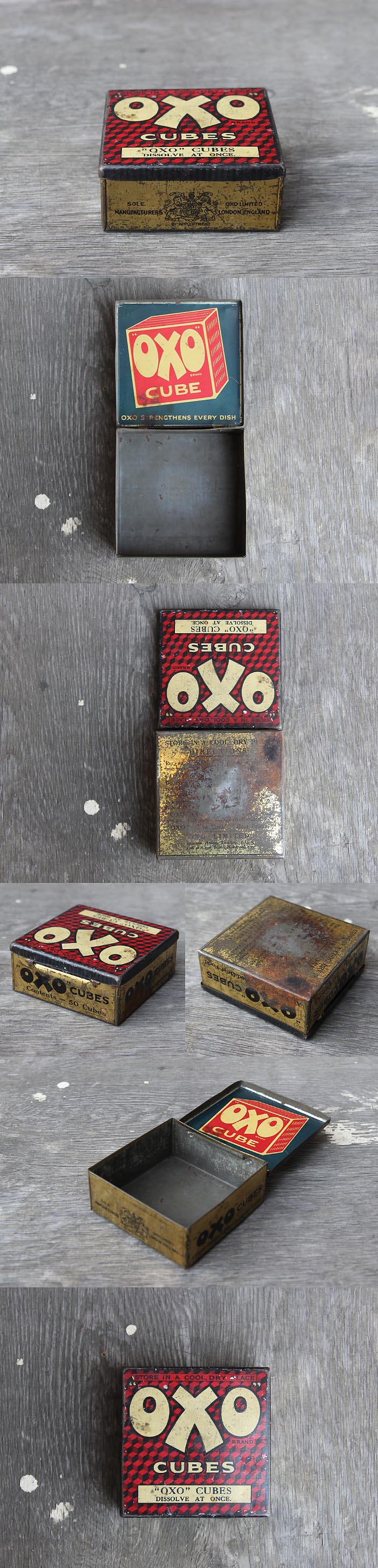 イギリス アンティーク OXO Cubes オクソ缶 TIN缶 ブリキ 雑貨「コレクターが数多く存在するOXO缶」P-320