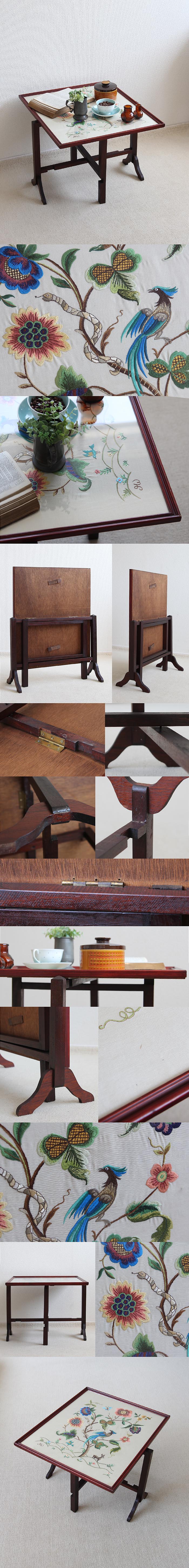 イギリス アンティーク ファイヤースクリーンテーブル 暖炉カバー 衝立 刺繍 家具「ガラステーブル」P-374