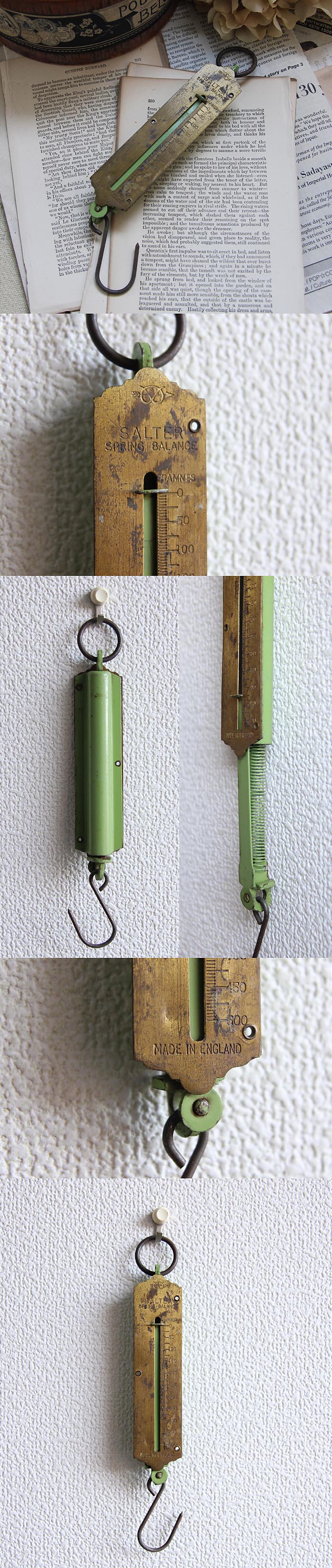 イギリス アンティーク Salter(ソルター)社製 スプリングバランス 真鍮 インテリア 雑貨 店舗什器「吊り秤」Q-025