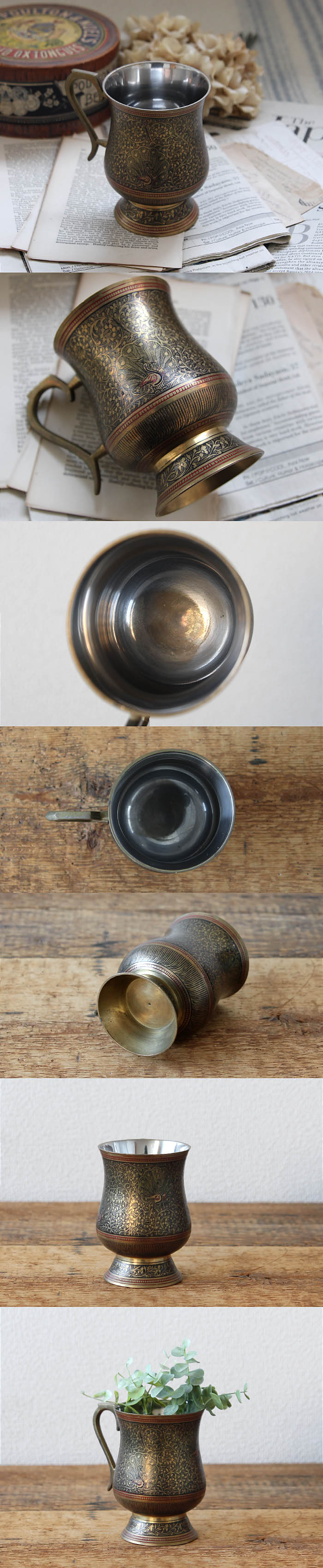 イギリス アンティーク調 タンカード ビアジョッキ 真鍮 マグカップ インテリア 雑貨 店舗什器「フラワーベースにも」Q-056