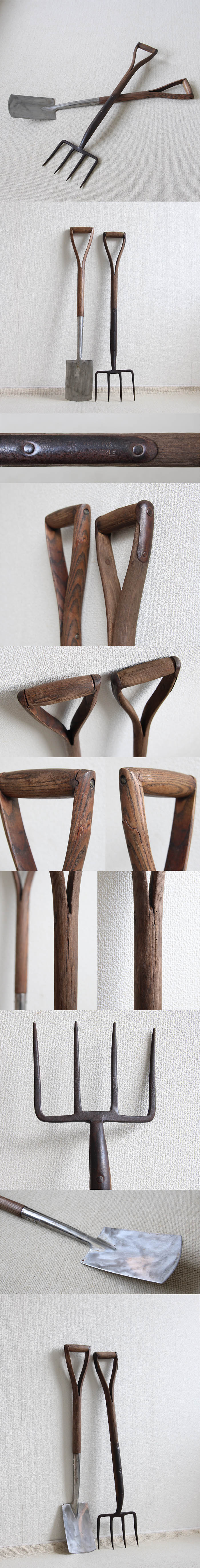 イギリス アンティーク ガーデンフォーク＆シャベル スペード ディスプレイ 店舗什器「ガーデンオーナメント」Q-077