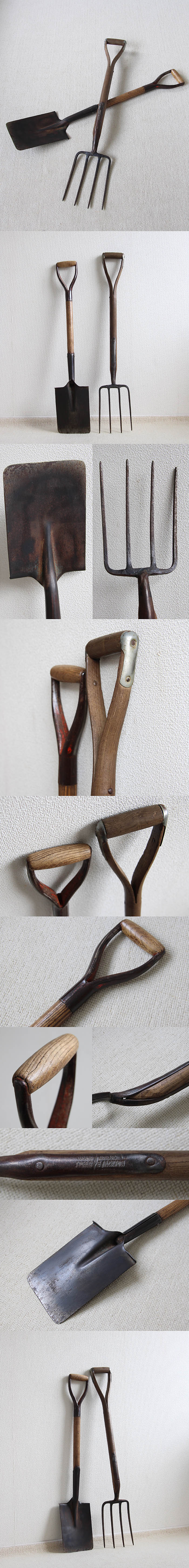 イギリス アンティーク ガーデンフォーク＆シャベル スペード ディスプレイ 店舗什器「ガーデンオーナメント」Q-078