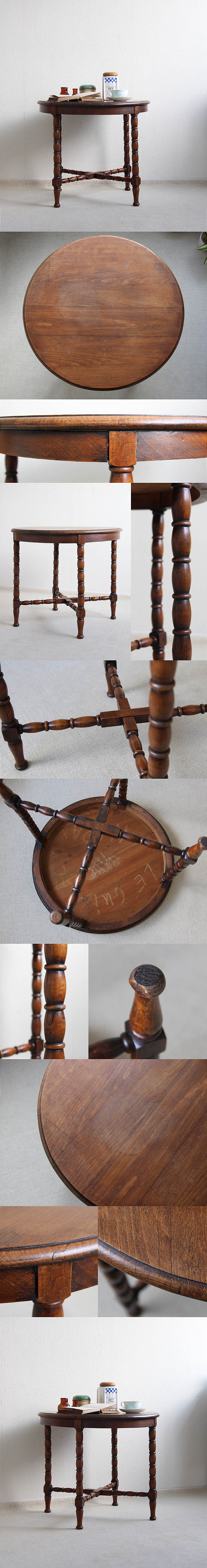 イギリス アンティーク ラウンドテーブル ボビンレッグ 古木 インテリア 家具 店舗什器「サイドテーブルや飾り台に」Q-090