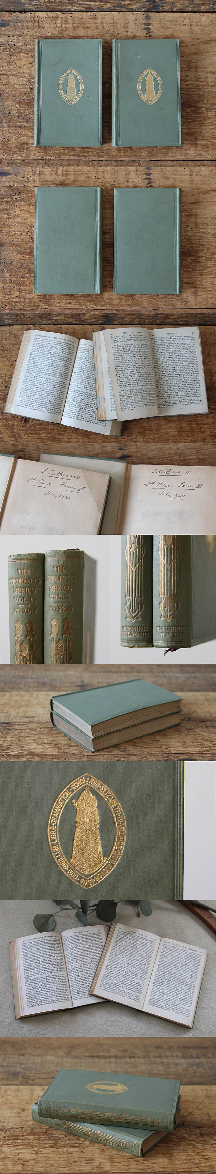 イギリス アンティークブック2冊 古本 洋書 ディスプレイ インテリア 雑貨 店舗什器「The conquest of Mexico」Q-091