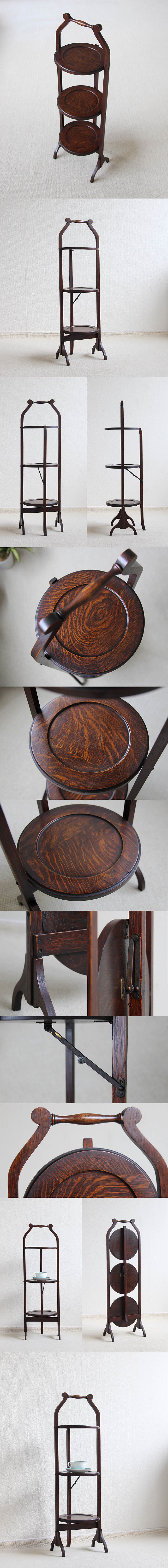 イギリス アンティーク ケーキスタンド オーク材 折りたたみ式 インテリア 家具 店舗什器「スリーティアーズ」Q-101