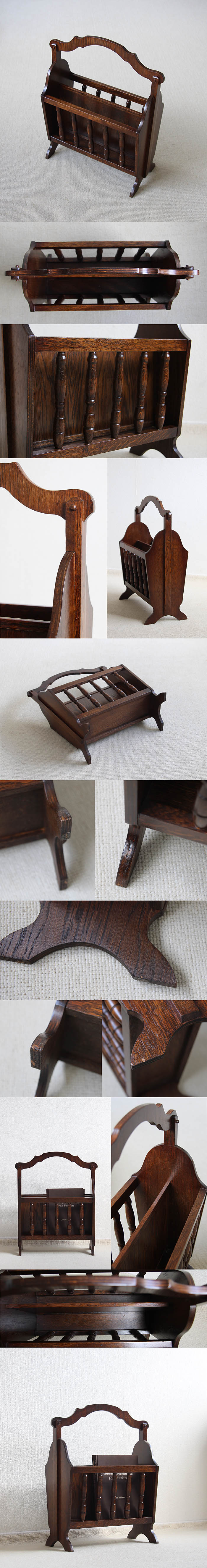 イギリス アンティーク調 マガジンラック オーク材 雑誌収納 インテリア 家具 ディスプレイ 店舗什器「持ち手付き」Q-105