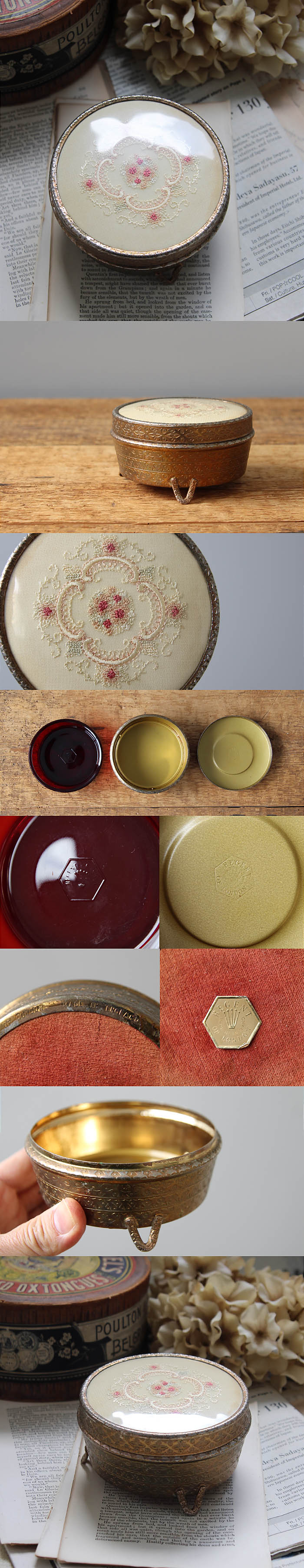 イギリス アンティーク プチポワン刺繍パウダーケース ジュエリーケース ガラス 雑貨「ドレッシングテーブル用品」Q-113