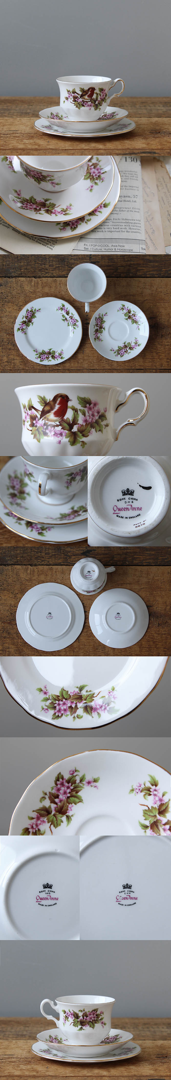 イギリス アンティーク Queen Anne カップ＆ソーサートリオ  陶磁器 ボーンチャイナ製 店舗什器「BONE CHINA」Q-120