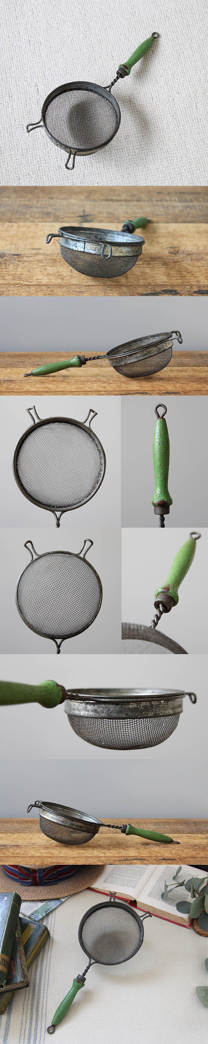 イギリス アンティーク 金網ストレーナー キッチン 粉ふるい キッチンツール 雑貨 店舗什器「木製ハンドル」Q-135
