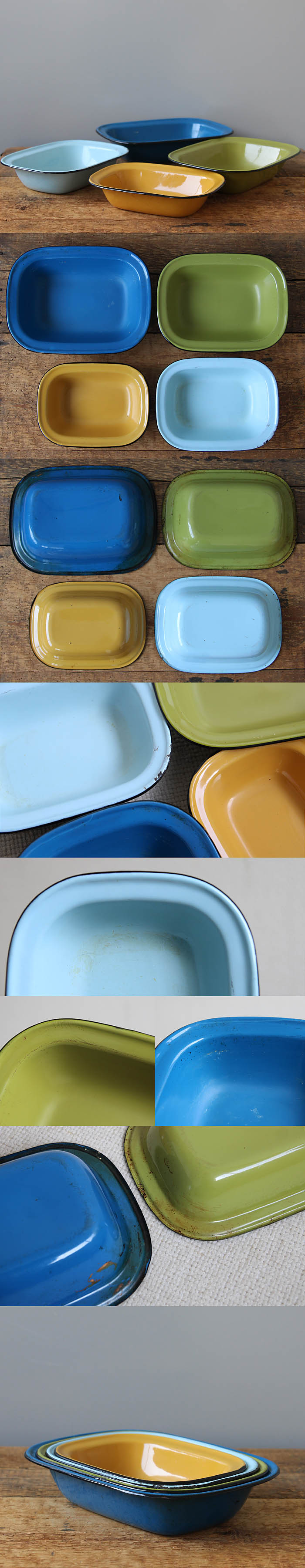 イギリス アンティーク ホーローバット4個セット 皿 キッチン インテリア 雑貨 店舗什器「カラフルなトレイ」Q-138