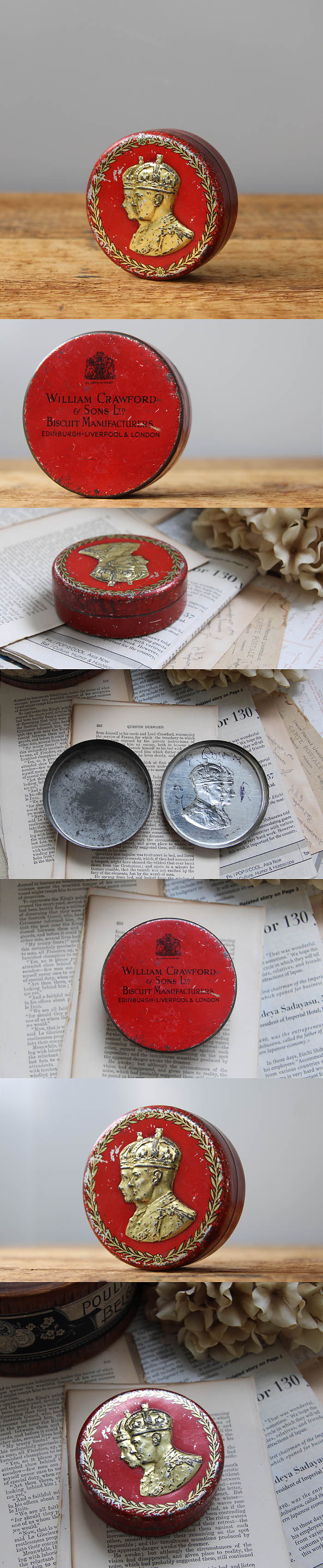 イギリス アンティーク ビスケット缶 TIN インテリア 雑貨 店舗什器「ジョージ6世エリザベス王妃の戴冠式」Q-141