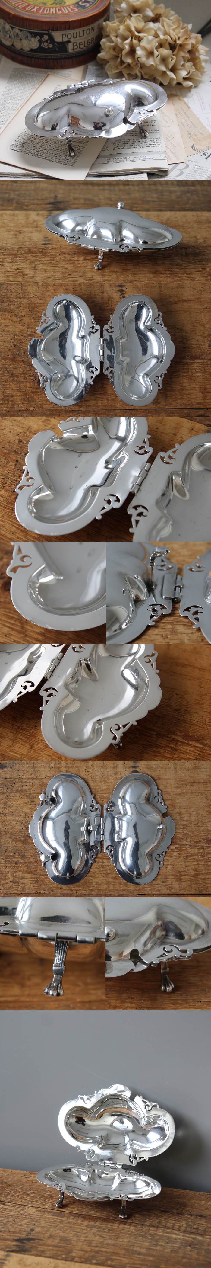 イギリス アンティーク シルバープレート 蓋付きディッシュ シェル型 お菓子 銀メッキ 雑貨 店舗什器「カブリオールレッグ」Q-142