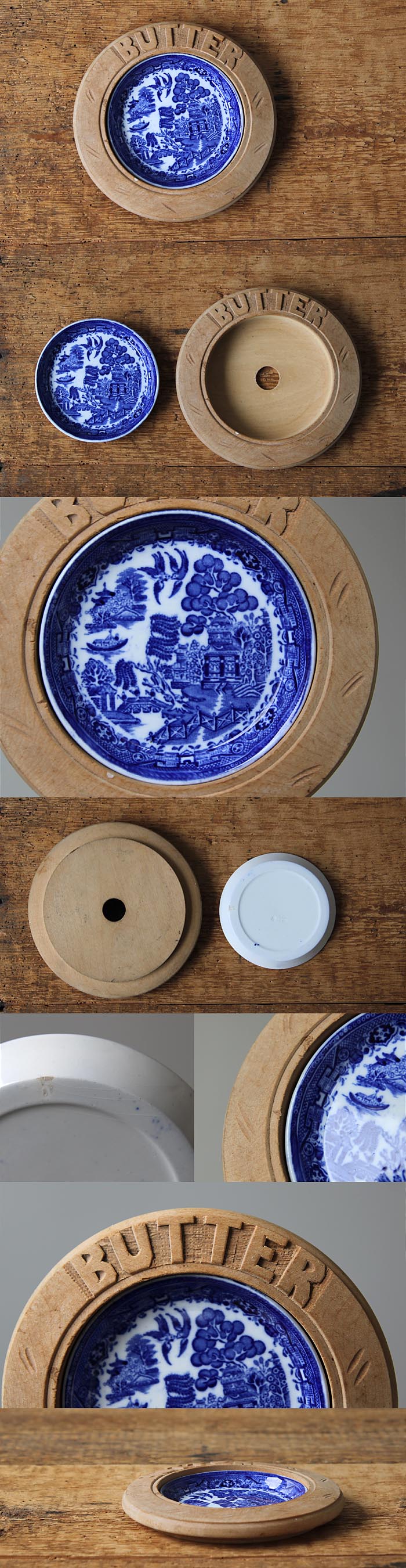 イギリス アンティーク  バターディッシュ 小皿 陶器 プレート 木製 雑貨 インテリア 店舗什器【ウィローパターン】Q-214