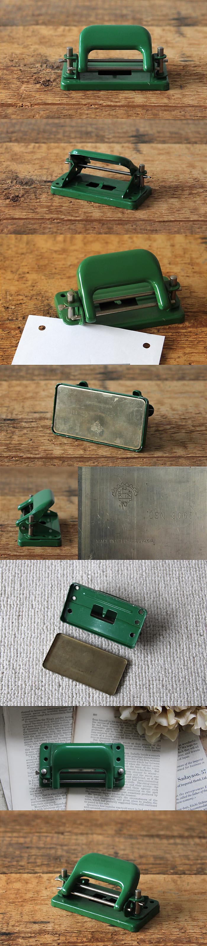 ●チェコスロバキア製 ヴィンテージ 穴あけパンチ 雑貨 ペーパーパンチ アンティーク 文具 レトロ 店舗什器【グリーンカラー】Q-243