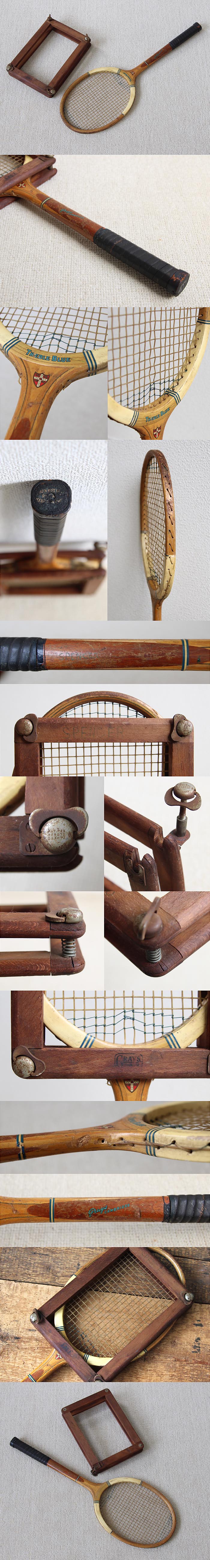 イギリス アンティーク ラケットプレス付きテニスラケット 木製 インテリア 雑貨 ヴィンテージ 店舗什器【Treble Blue】Q-252