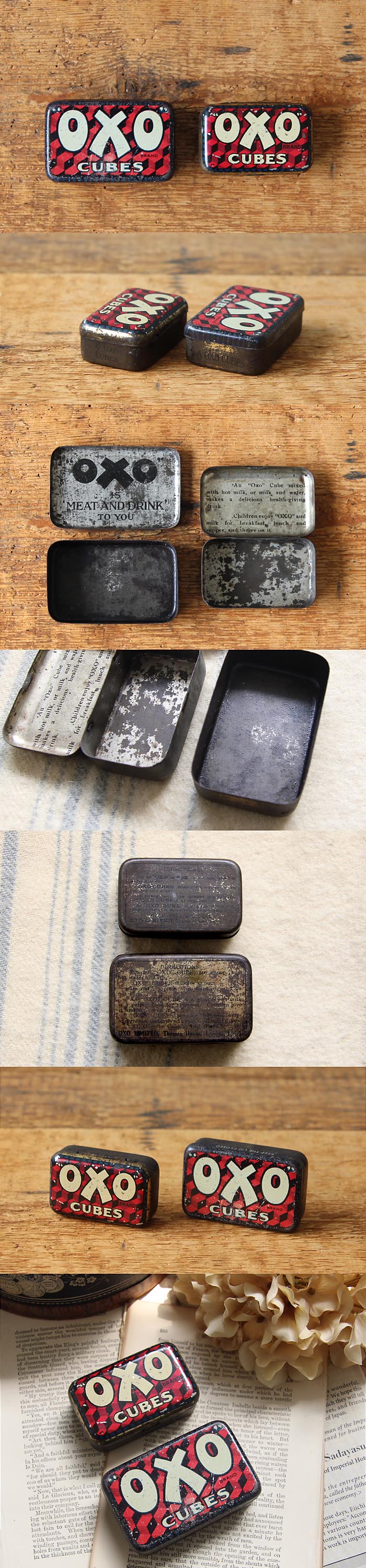 イギリス アンティーク OXO缶2個セット オクソ ブリキ缶（TIN缶）インテリア ヴィンテージ 店舗什器【ストレージティン】Q-267