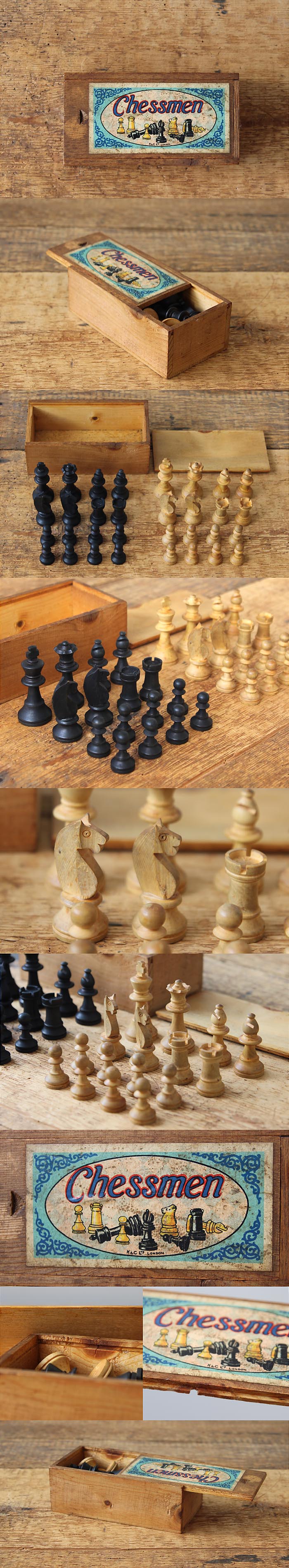 イギリス アンティーク チェス駒セット（Chessmen）木箱 ゲーム インテリア 雑貨 ディスプレイ 店舗什器「K & C Ltd」Q-351