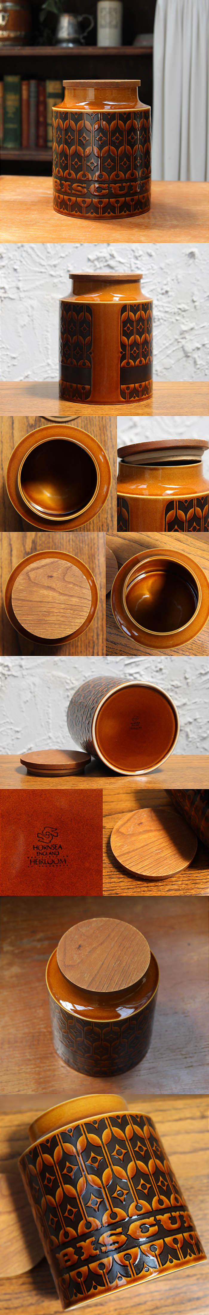 イギリス ヴィンテージ ホーンジー ビスケットキャニスター オータムブラウン 陶器 店舗什器「HORNSEA HEIRLOOM」Q-491