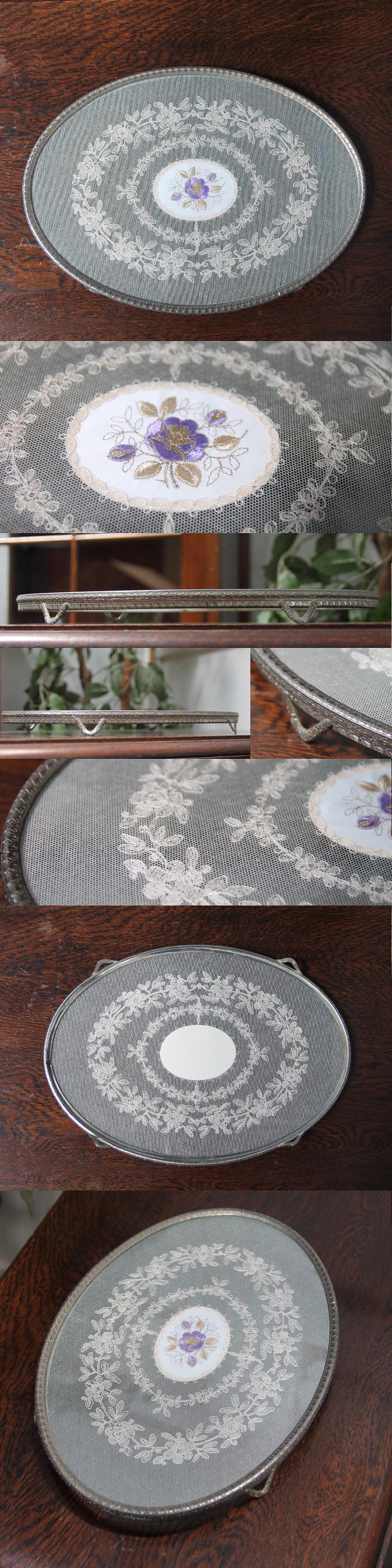 イギリス アンティーク 刺繍入りドレッシングトレイ/ガラス/レース/花柄/オーバル型【アクセサリーや小物置きに！】S-068