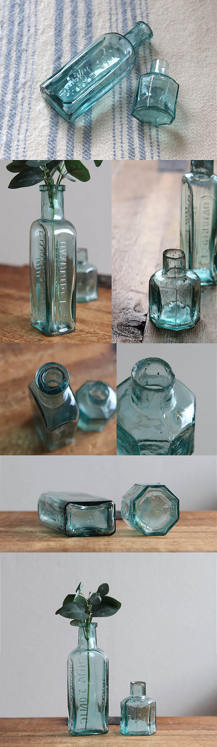 英国 アンティーク ガラスボトル×インクボトル/八角形/薬瓶/インテリア雑貨/花瓶/イギリス【LUNG TONIC OWBRIDGE'S】S-628