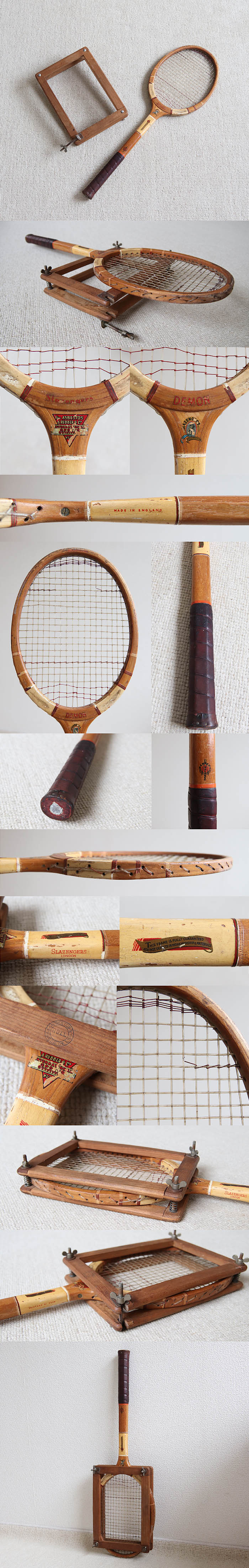 イギリス ビンテージ 木製 テニスラケット/ラケットプレス付き/インテリア/カバー/木枠【雰囲気つくりのディスプレイに】S-681