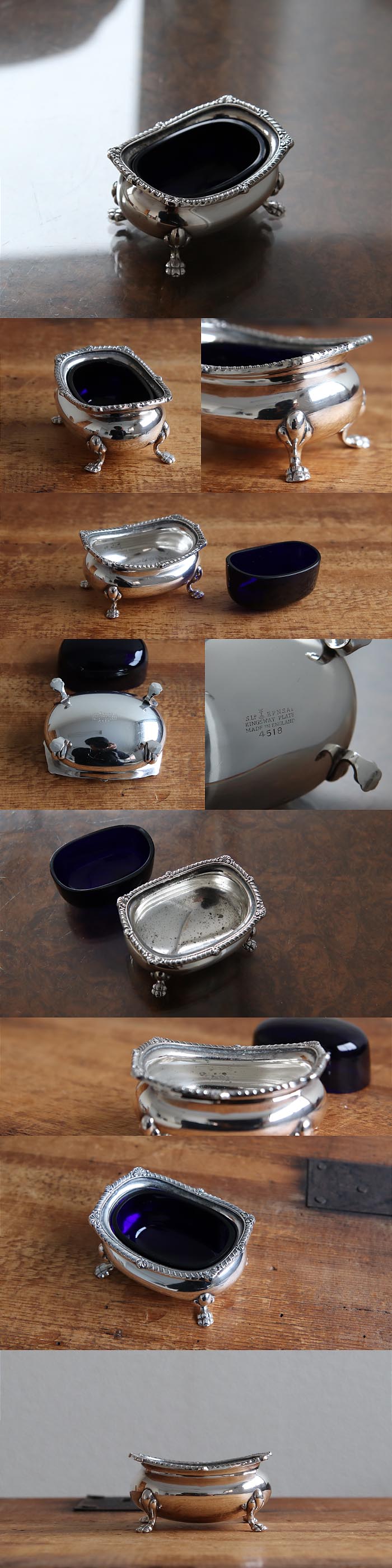 イギリス アンティーク シルバープレート ソルトディッシュ/スパイス入れ/シュガー/容器/ガラス/銀メッキ【KINGSWAY PLATE】T-621