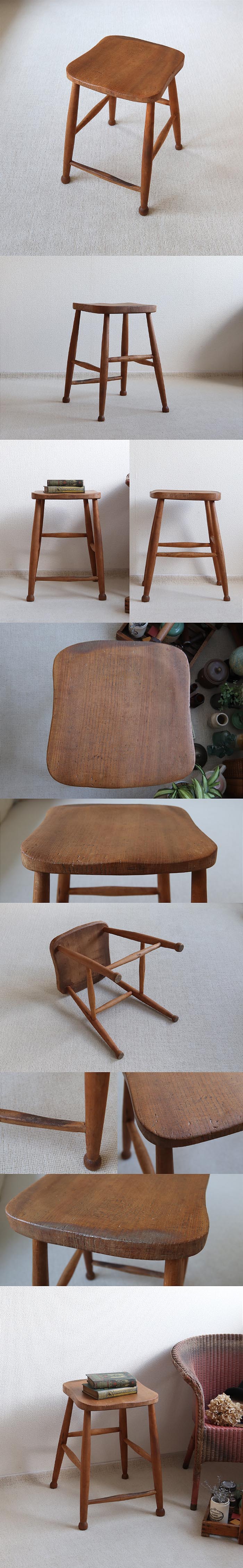 イギリス アンティーク ウッドスツール 木製椅子 レアアイテム アトリエ 家具「一枚板座面」T-834