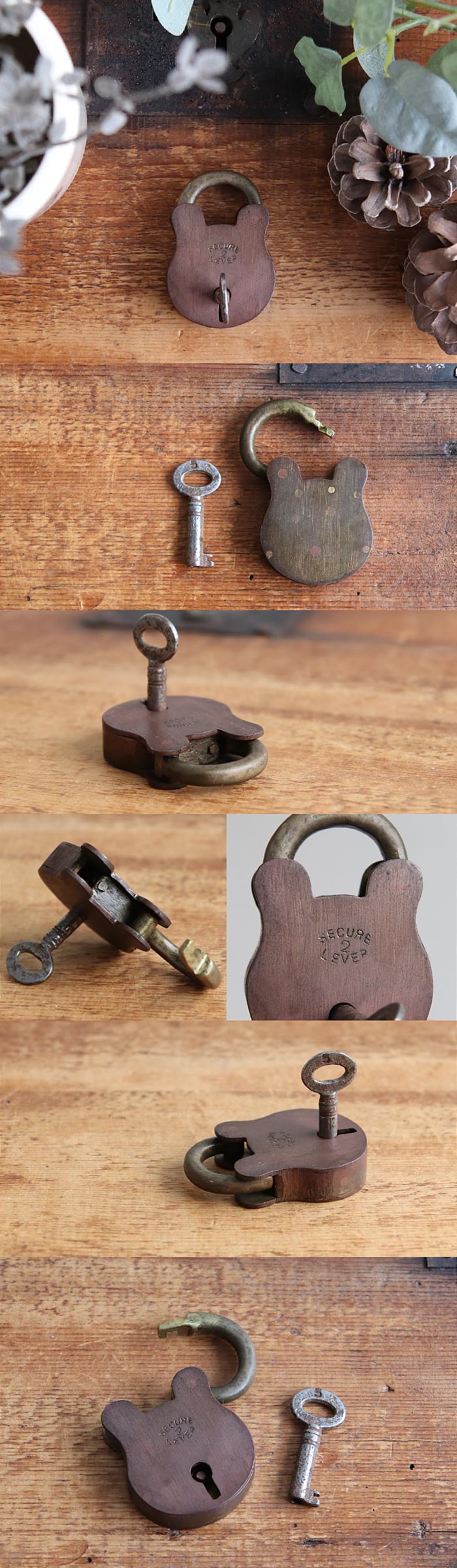 イギリス アンティーク パドロック 南京錠 鍵付き おしゃれ 雑貨 小物「可愛いくまさん型」T-937