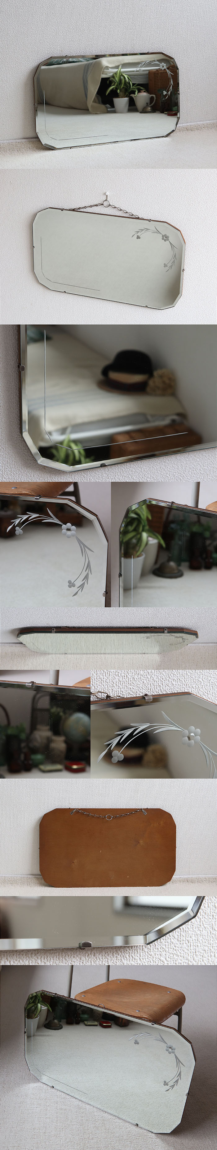 イギリス アンティーク ウォールミラー 壁掛け鏡 エッチングミラー カットガラス V-032