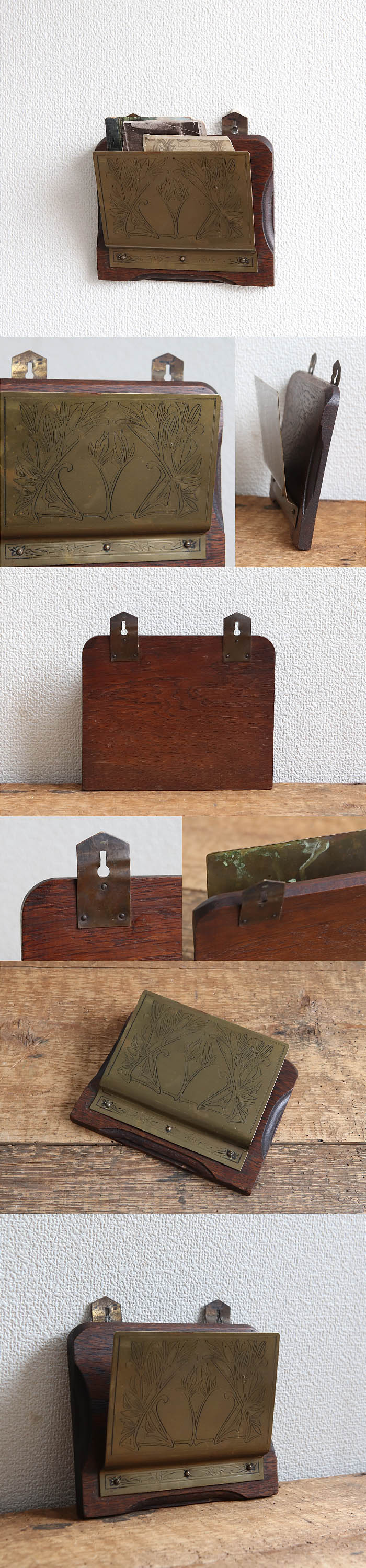 イギリス アンティーク ウォールレターラック ブラス 真鍮 オーク