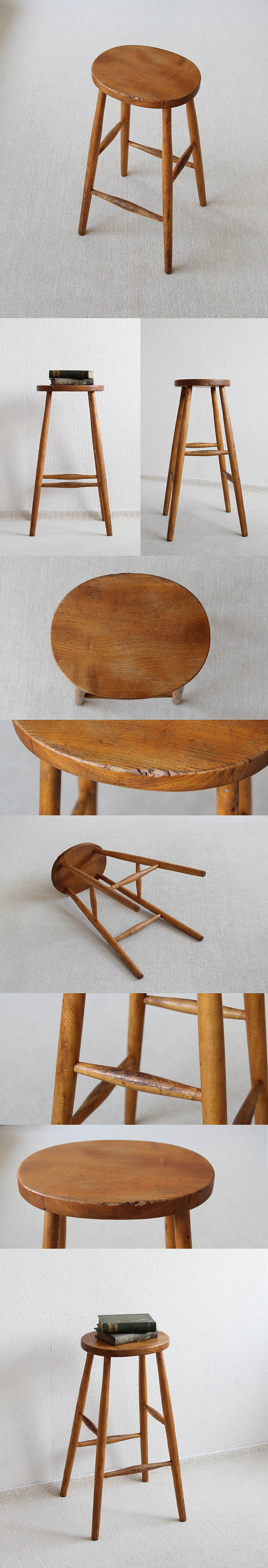 イギリス アンティーク ハイスツール 木製椅子 飾り台 カントリー 無垢材 家具 V-279